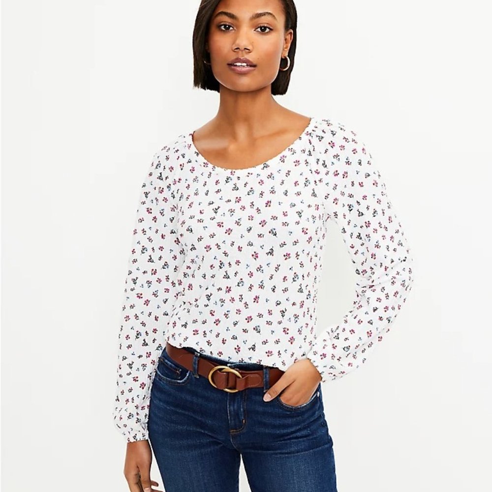 NEW Loft S Women's White Floral Blouson Long Sleeve Knit Top Blouse
